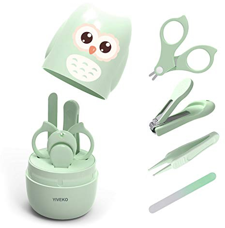 YIVEKO Baby Nail Kit, 4-in-1 Baby Nail Care Set with Cute Case, Baby Nail Clippers, Scissors, Nail File & Tweezers, Baby Manicure Kit and Pedicure kit for Newborn, Infant, Toddler, Kids-Owl Green