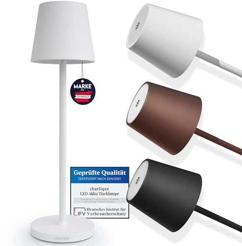 charlique® LED Tischlampe kabellos (weiß) - Dinner Light 38 cm - Premium Akku Tischleuchte mit USB, für innen und außen, warmes Licht - wetterfest für Balkon, Terrasse & Garten