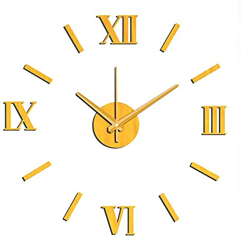 MPM DIY Wanduhr, Große Klebeuhr, Gold, Moderne 3D Aufkleber Wanduhr, Römische Zahlen und Indizes, Quarz-Uhrwerk, Wanddekoration, E01.3513