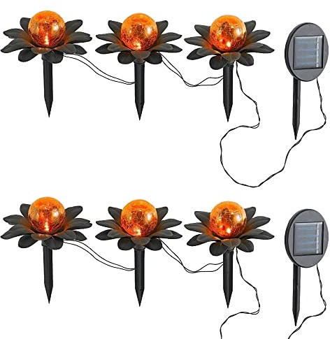 Dapo 2x 3-LED-Solar-Garten-Außen-Leuchte-Lampe-Spieß FLORA, H: 19,8cm, Metall-Blume rostfarbig D: 14,4cm, Glas-Kugel Bersteinfarbig D: 8cm, Kabel 2 M, Abstand zwischen Blumen 50cm, IP44 (2 x 3er Set)
