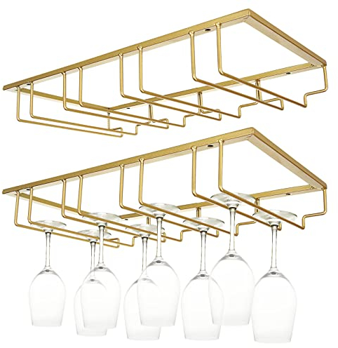 JMIATRY 2 Pack Wine Glass Rack, 16.5 x 9.4 x 3.1 Under Cabinet Stemware Wine Rack, 4 Slots 12 Cups Hanging Wines Glass Holder Great for Kitchen and Bar, Gold
