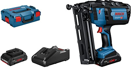 Bosch Professional 18V System Akku Nagler GNH 18V-64 (max. Nagel-Ø 1,6 mm, Nagellänge 64 mm, inkl. 2x ProCORE18V 4.0Ah Akku, Schnellladegerät GAL 18V-40, L-BOXX)