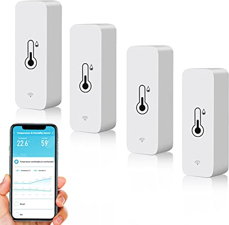 WLAN Smart Thermometer Hygrometer, Digitale Mini Innentemperatur und Feuchtigkeitssensor, Raumtemperaturfeuchtigkeitssensor App Fernbedienung für Gewächshauskeller,Kompatibel Alexa/Google Home. 4Pack