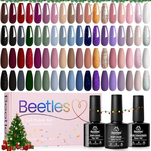 beetles Gel Polish Nail Kit 36 Colors with Base Glossy & Matte Top Coat, 2023 Popular Set Pink Red Green Black All Seasons Solid Sparkle Glitters Gift, Pack of 1