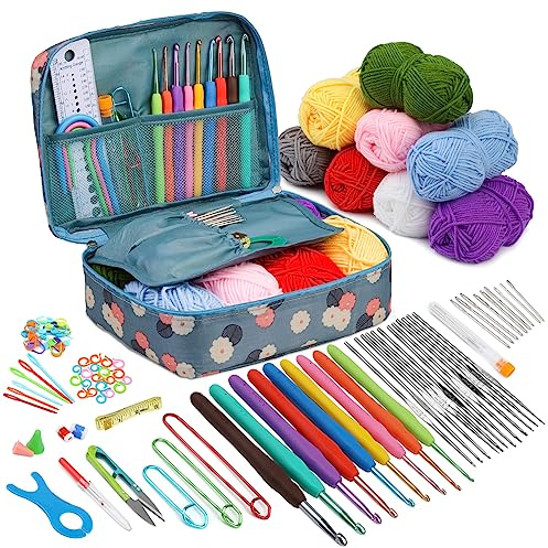 Doxiru 105-teiliges Häkelset, Häkelnadelset für Anfänger mit Häkeltasche | Ergonomische Häkelnadeln von 0,6 bis 6,5 Millimeter, inklusive Häkelwolle und Strickzubehör, für Stricken und Garnhandwerk