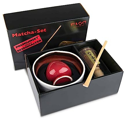 Teeladen Herzberg MAOCI Matcha Tee Set vierteilig (hell) mit Matchaschale, Matchabesen, Besenhalter und Matchalöffel - Geschenkkarton