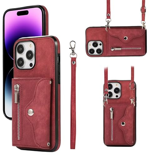 Yidai-Silu iPhone 13 Mini Handy Tasche 【RFID-Schutzfunktion, Standfunktion, Blasebalg Aussehen】 Wallet Case PU Leder Geldbörse Schultertasche Handyhülle für iPhone 13 Mini - Rot