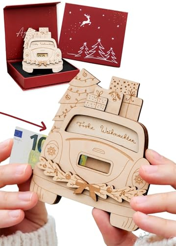 Joli Coon Geldgeschenk Weihnachten mit Geschenkbox, 10 x 8 cm | Mehrschichtig verklebtes Holz, Platz für bis zu 3 gefaltete Geldscheine, präzise Gravur, für persönliche Weihnachtsgrüße