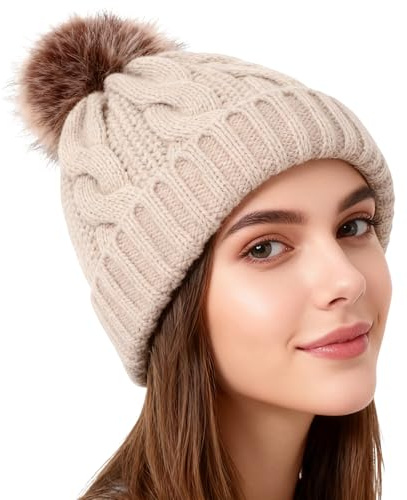 Winmany Berretto invernale da donna, caldo, lavorato a maglia, con pompon e teschio, per donne e ragazze, Beige, taglia unica