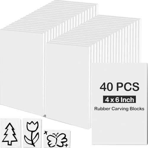 Frienda 40 Pcs 4x6 Rubber Carving Blocks Linoleum Block Stamp Making Kit Soft Rubber Carved Brick for Stamp Maker Printmaking Supplies Craft Project(White)