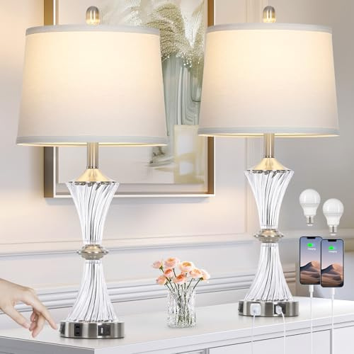 Rinweey Crystal Glass Table Lamp Set of 2 With USB C+A Ports & AC Outlet - White Clear Modern Bedroom Lamps for Night Stands, Living Room - Silver Nightstand Lamps With LED Bulbs Included