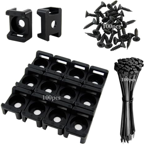 Kabelbindersockel mit Schraublöchern, 150 mm Nylon Kabelbinder und Schrauben, Je 100 Stück, Kabelklemmen für Sockel, Schreibtisch Kabel Befestigung, Kabelmanagement, Schwarz