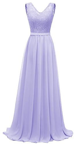 Vestidos de noche para mujer, de encaje, cuello en V, vestido de dama de honor, largo de gasa, línea A, fruncido, formal, fiesta, Color lila., 50