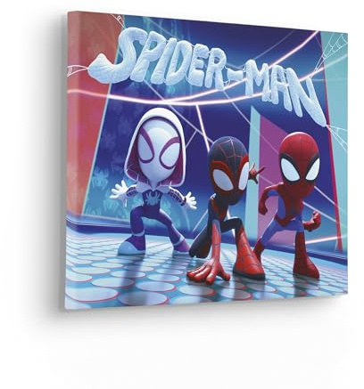 Komar Keilrahmenbild - Spidey and His Amazing Friends Glowy Spideys - Größe 40 x 30 cm - Leinwandbild, Bild, Kinderzimmer, Marvel, Blau,rot,lila