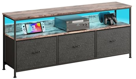 Yolasoly TV Schrank,TV Board mit LED-Beleuchtung,Fernsehschrank mit 3 Stoffschublade und Offenen Fächern,137 cm lang,TV-Regal für Wohnzimmer,Esszimmer und Schlafzimmer,137x30x57cm,Schwarz