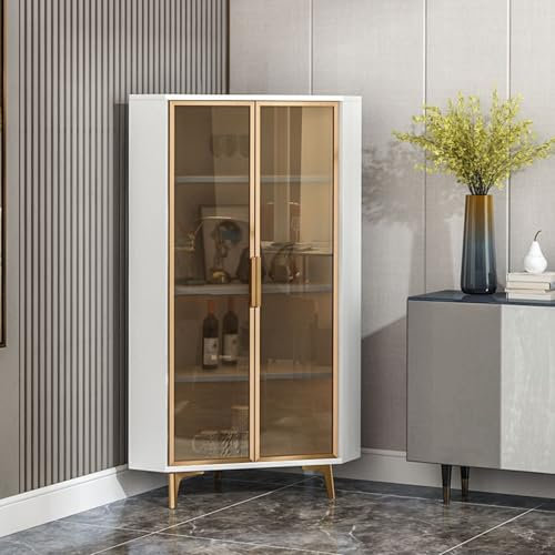 Eckvitrine Curio Schrank Esszimmer Aufbewahrungsschrank mit Glastüren Display Cube Regal mit Sensor Licht Glaskoffer für Schlafzimmer Eingangsbereich Wohnzimmer Flur Weiß Klein