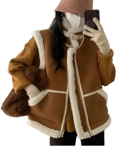 Damen Winter verdickte warme Weste mit Lammfell ärmellose Jacke Oberbekleidung Fell integrierte Weste, braun, XXL