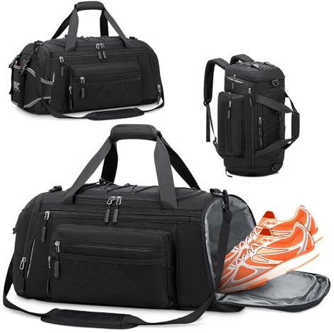 RAINSMORE Gym Sports Bag Mens Women 40L Large Holdall Duffle Bag with Shoe Compartment & Wet Pocket Waterproof Travel Training Weekend Bag Black