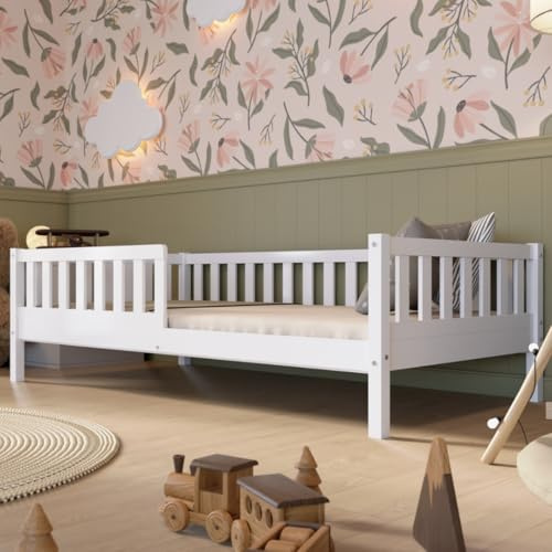 Crazy Pine Kinderbett 140x200 cm – Hohes Montessori Bodenbett aus Holz in Weiß mit Rausfallschutz – Sicheres Kleinkindbett – Skandinavisches Design, Leichte Montage - Crazy Basic