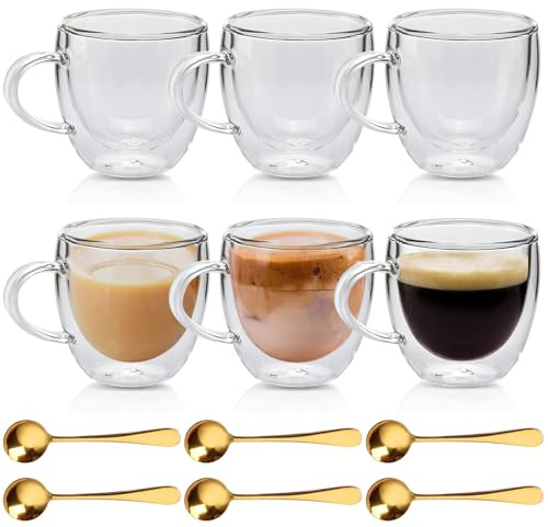Lot de 6 verres à latte macchiato à double paroi - 250 ml - Avec anse et cuillère - Résistants à la chaleur et au froid - Pour cappuccino, thé, café, lait, jus, bière