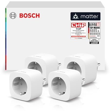 Bosch Smart Home Zwischenstecker kompakt [+M] 4er Set, smarte Steckdose, Matter, Stromverbrauch messen, Energiekosten senken, App- & Sprachsteuerung, Apple Home, Google Home & Alexa, Controller nötig