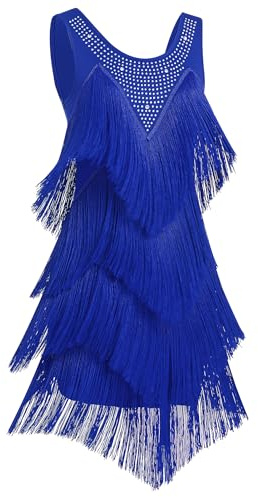 FYMNSI Abito da ballo latino da donna con nappe frange strass senza maniche abiti da ballo professionale da sala da ballo Tango Salsa Dancewear, Blu reale, M