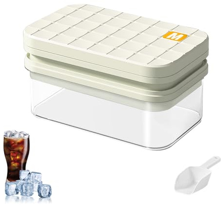 Bac à Glaçons avec Couvercle et Réceptacle, Bac à Glaçons avec Pelle à Glace, 56 Pièces Carrées, Double Couche Empilable, pour Boissons, Café et Whisky, Blanc