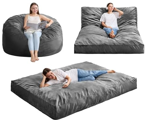 Hobestluk Giant Bean Bag Chair Bed for Adults, Large Bean Bags with High-Density Foam Filling, Convertible Big Sofa Bed Couch for Living Room, Bedroom, Playroom (Grey, Full)