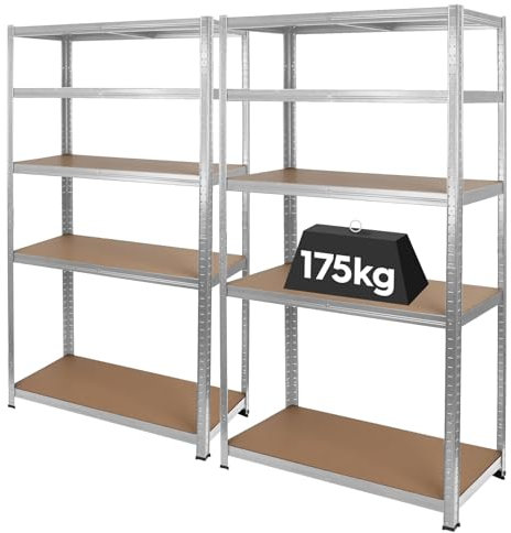 Harbour Housewares 5-Tier Steel Garage Shelving Units Set - Galvanised - 2pc Heavy Duty Free Standing Industrial Shed Storage Racking Shelves | Boltless Assembly | 875kg Capacity | 90 x 40 x 180cm