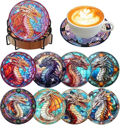 8Pcs Diamond Painting Coasters with Holder,DIY Dragon Life Coaster Diamond Art Kits for Adults Kids,Beginners Round Full Drill Diamonds Art Craft Supplies
