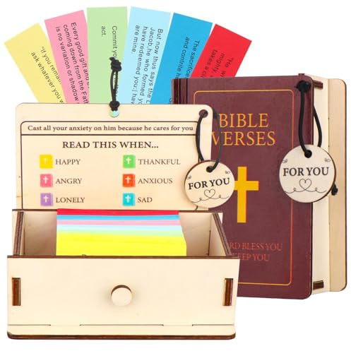 CCCYMM Bible Verse Prayer Cards in Wooden Box 108 Pcs Christian Religious Emotion Scripture Inspiration Request Cards Catholic Confirmation Gifts for Women Men