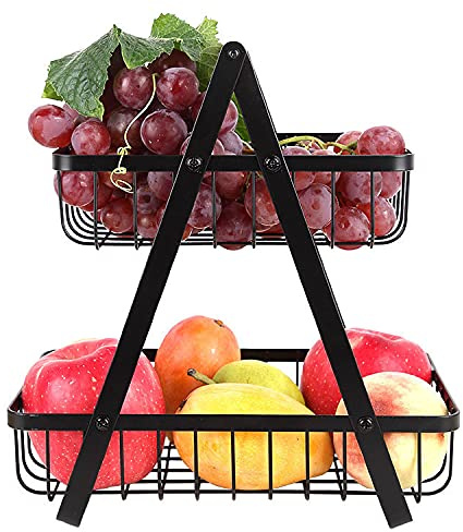 Corbeille à fruits avec poignée en bois à 2 étages pour fruits et légumes frais