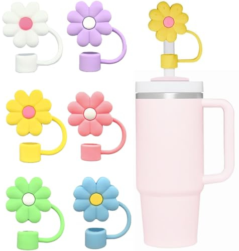 6 PCS Flower Straw Covers Toppers, Straw Covers Cap, Compatible with Stanley Cup, 10mm Dust-Proof Silicone Straws Toppers, Reusable Straws Cover Tips, 6 Colors