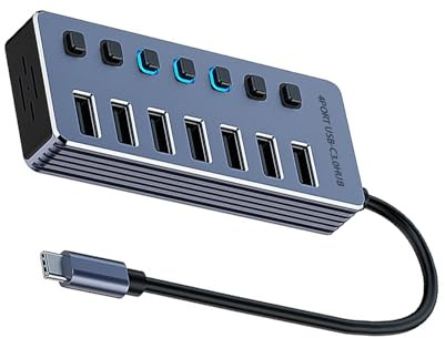 Divisor USB 3.0 de aluminio de 4/7/10 puertos, adaptador USB de transferencia de datos de alta velocidad y carga con interruptores independientes, adaptador USB para múltiples dispositivos
