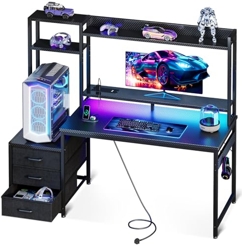 Coleshome Gaming Desk with LED Lights & Display Shelves Carbon Fiber Black