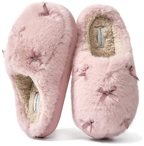 ADAX Fuzzy Slippers for Women Cozy Plush House Shoes with Memory Foam,Woman Winter Warm Faux Fur Lining & Bow Accent Slippers with Non Slip Outsole for Indoor Outdoor Use Pink Size 8 8.5 9