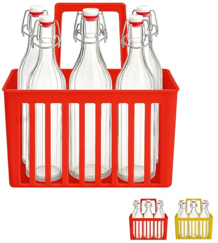 PALUPLUS Set 6 Bottiglie in Vetro da 1 Litro con Cestello Portabottiglie, Bottiglia Vintage Costolata, Porta bottiglie in Plastica a 6 Scomparti con manico per trasporto -8636/8689-6 (Rosso)