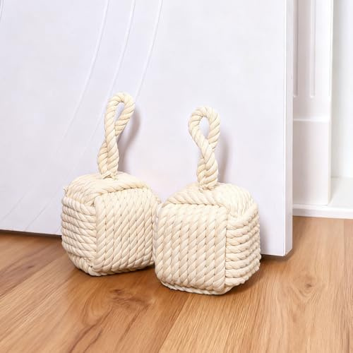 FYSUIMU 2 Pack Decorative Door Stoppers Beige Square Rope Knot Door Stop with Handle Heavy Duty Weighted for Home Classroom Window Decor