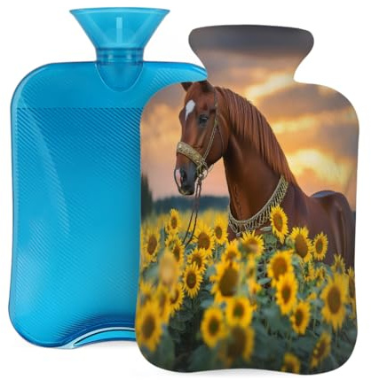 Mexpekil Wärmflasche mit weichem Flanellbezug, 2 l, großer Wärmbeutel zur Schmerzlinderung, warme Hände, Füße und Körper, ideales Geschenk für Erwachsene und Kinder (schöne Pferde-Sonnenblumen)
