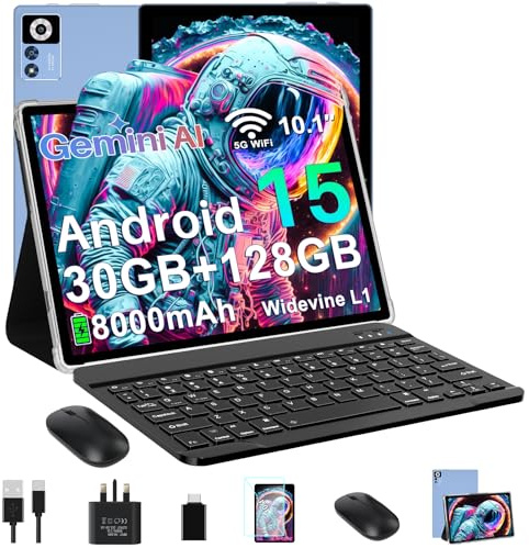 Tablet 10 Inch Android 15 , 30GB RAM + 128GB ROM (TF 2TB), 5G WiFi Tablets, Gemini AI/ Widevine L1/ 8000mAh/ Octa-Core 2.0GHz/ 8+5MP/BT 5.0/ GPS/ Face ID/ 2-in-1 Tablet with Keyboard & Mouse - Blue