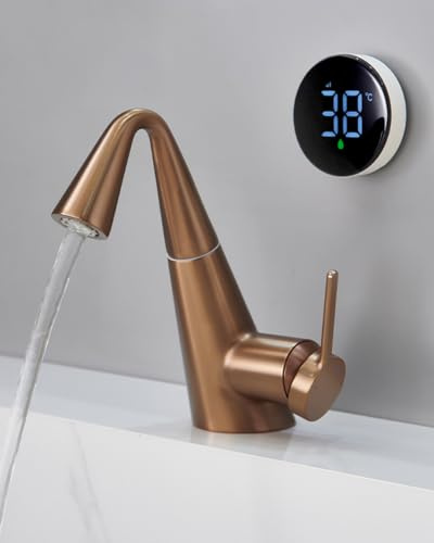 Wasserhahn Bad mit Digitalanzeige Bildschirm (Batterielos), Ausziehbarer Mischbatterie Bad, Einhebelmischer Warmes Kaltwasser Armatur Waschbecken, 3 Wasserstrahlarten, Messing Badarmatur, Roségold