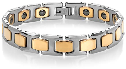 Gem Stone King Men’s Solid Silver and Gold IP Shiny Polished Tungsten Link Bracelet 8.25 Inches in Length with Fold Over Safety Clasp