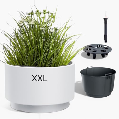 MELTOM Pflanzkübel Blumentopf mit Wasserspeicher Ø 47,3 x H 29 cm Weiß Groß | Gefäß 45 L, Innentopf 30 L herausnehmbar · Wasserstandsanzeiger · für Innen & Außen · Kunststoff, ohne Abflussloch