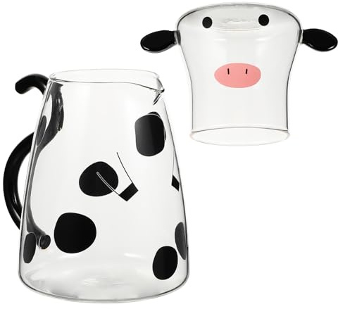VICASKY Bouilloire en Verre 550 Ml Motif Dessin Animé de Vache, Compatible Micro-ondes, Ensemble Pichet D'eau Froide et Tasse, Théière Créative pour Jus, Lait et Thé, Usage Maison Cuisine