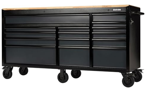 Bunker 72” Heavy Duty Tool Cabinet & Workbench - 15 Drawer Tool Chest on Wheels, Lockable Garage Storage Unit, Steel Frame with Matt Grey Finish - For Professional Mechanics or Workshops