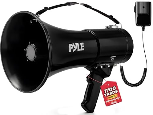 Pyle Altoparlante Portatile a megafono da 50 W, Sirena di Allarme, Volume Regolabile Fino a 1700 Metri, Ingresso AUX e Riproduzione USB/TF, Leggero per attività Indoor e Outdoor, Sport e Trapani di