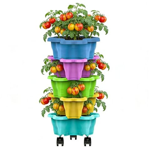 Macetero Vertical Apilable De 5 Niveles Para Fresas - Macetas Verticales Apilables Con Ruedas, Ideales Para Ahorrar Espacio Y Proteger De La Intemperie,Macetas Para Fresas, Flores Y Hortalizas