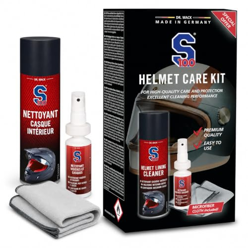 Dr. Wack - Kit Entretien pour Casque de Moto S100 - Spray Nettoyant pour Rembourrage Intérieur + Spray Nettoyant pour Visière et Extérieur + Chiffon Microfibre - Fabrication Allemande