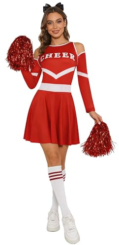 Kvysinly Vuxen cheerleading outfit kvinnor cheer leader kostym crop top kjol strumpa set med pompoms rollspel 4 delar set party kostymer