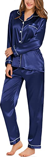 SWOMOG Womens Silk Satin Pajamas Long Sleeve Loungewear Two-piece Sleepwear Button-Down Pj Set Navy Blue